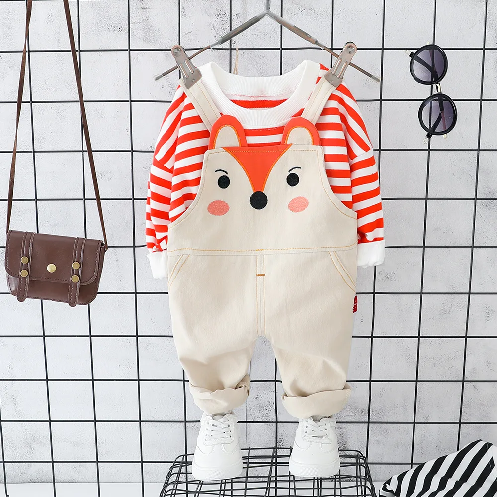 

2019 Autumn Baby Girls Clothing Sets Cotton Striped Long Sleeve T-shirt + Cartoon Fox Overalls Trousers Kids 2Pcs Suits