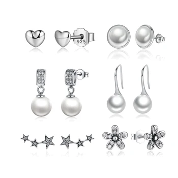 WOSTU Authentic 925 Sterling Silver Earing CZ Exquisite Stackable Star Pearl Stud Earrings For Women Luxury Jewelry Bijoux