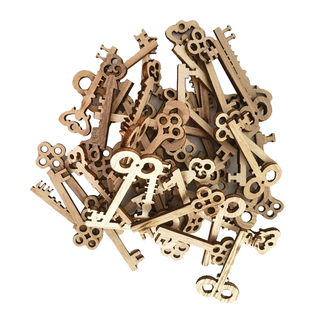 50pcs Key Shaped Unfinished Wood Pieces Crafts Wooden Hanging Embellishments