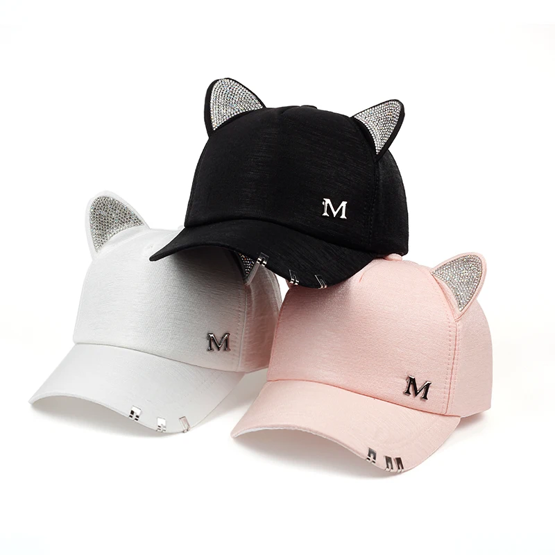 

2018 new meow Women's Summer fall black white Pink hat Cat ears Cat Baseball cap with rings and lace cute girl hat