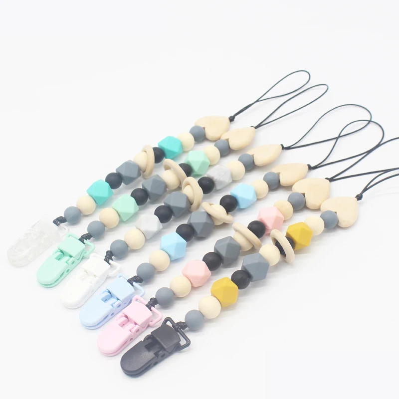 

Silicone and Wood Pacifier Clip Silicone Beads Dummy Clip Holder Pacifier Clips Soother Chains Baby Teething Toy for Baby Chew
