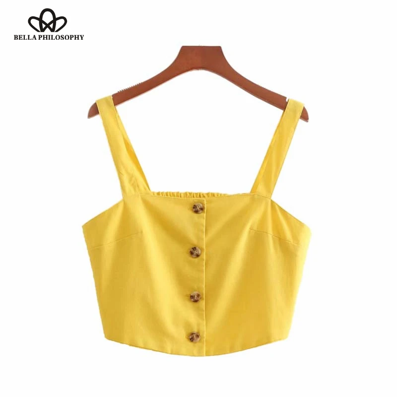 Wonder 2018 new women yellow crop tops camis sexy sleeveless straps solid  linen shirts ladies summer casual blouse blusas