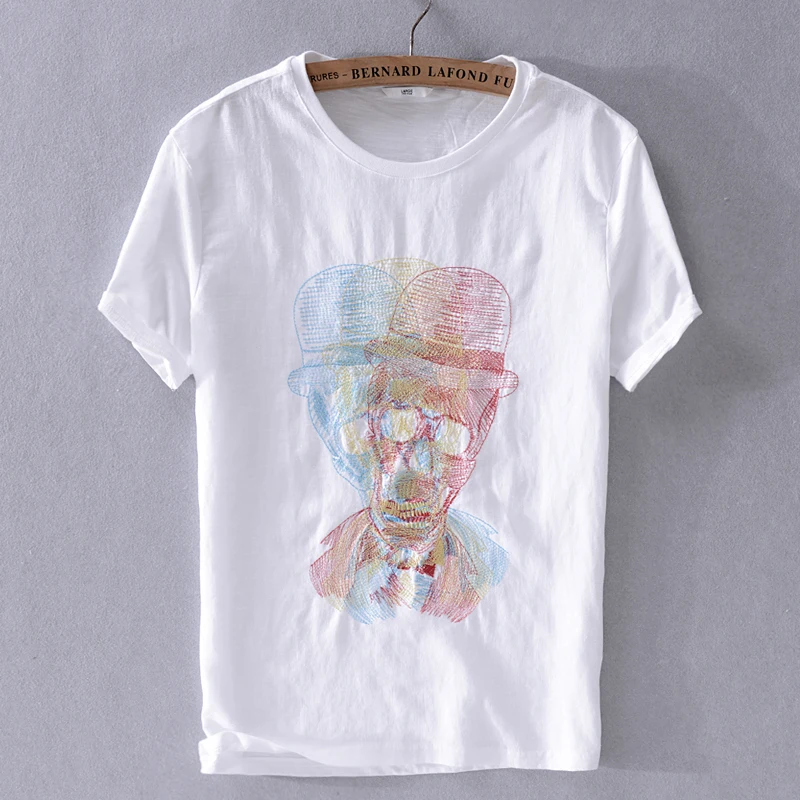 

2019 Summer men's new short-sleeved t-shirt embroidery linen t shirt men round neck cotton tshirt male white fashion tops camisa