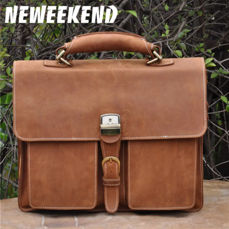 NEWEEKEND Retro Genuine Leather Crazy Horse 16Inch Cowhide Crossbody Briefcase Shoulder Crossbody Handbag Messenger LaptopB10312