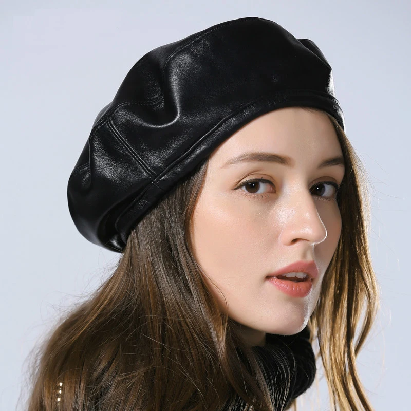 

Exclusive 2019 Spring Women Simple Eengland Style Genuine Leather Black Beanies Hat Female Beret Jazz Painter Caps 55-58 cm