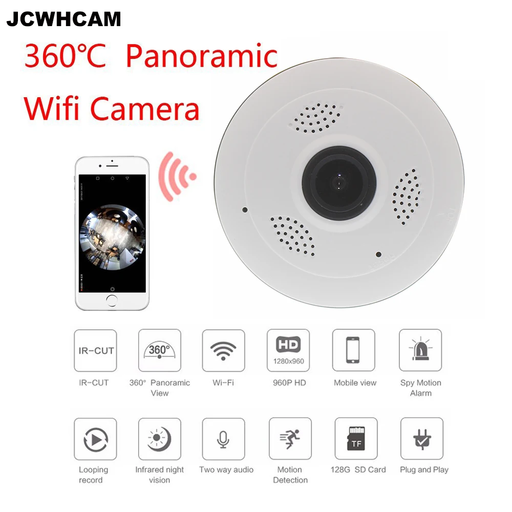 

JCWHCAM 360 Degree Panoramic Camera IP 960P 1.3MP Home Security IP Camera Wifi Two Way Audio WebCam SD Card Slot Digital PTZ