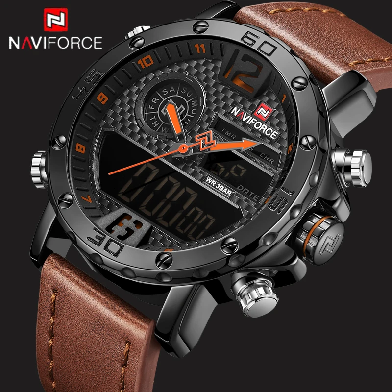 Оригинальные часы NAVIFORCE для мужчин 30 м аналоговые цифровые кожаные спортивные