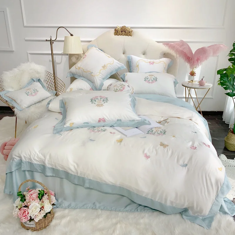 - Sweet Butterflies Embroidery Ultra Soft Tencel Silk Girls Bed Set Queen King size Bed sheet Duvet cover Pillow shams 47pieces