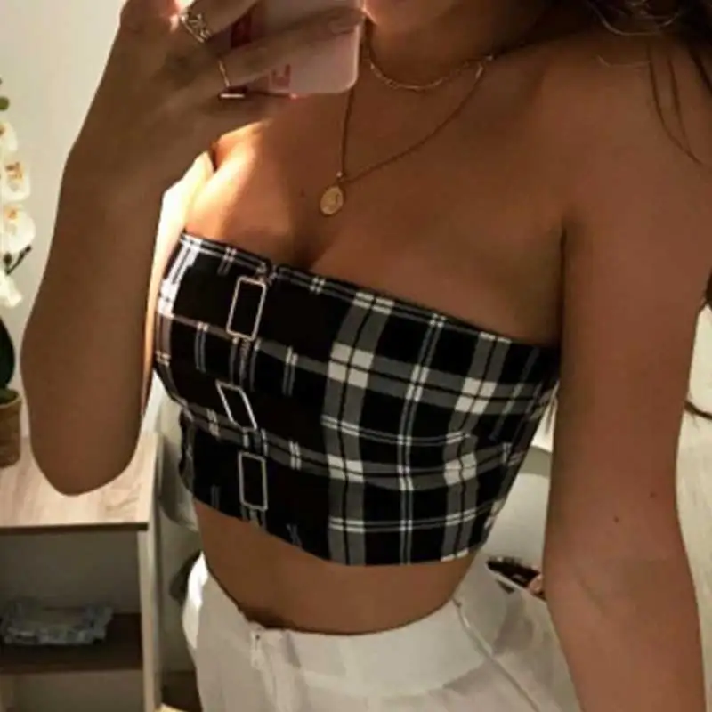 

Women Sexy Plaid Tube Tube Off Shoulder Top Checkerboard Bustier Sleeveless Corp Top Buckle Up Tank Top Boob Underwear Female