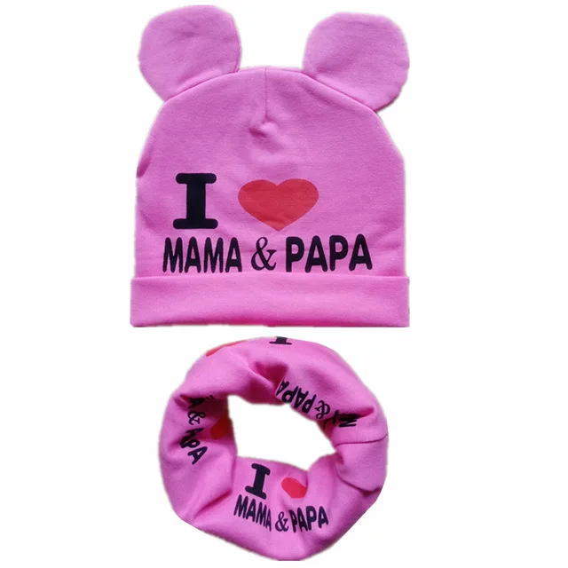 rose mama set Весенне-Осенняя детская хлопковая шапка, шарф, комплект с принтом «Love Mom», шапки для мальчиков и девочек, нагрудники, детский шейный шарф, шапка, детские вязаные шапки, реквизит для фотосессии - Цвет: rose mama set