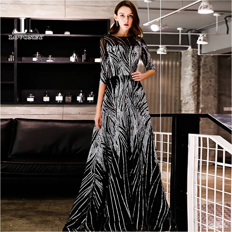 

DEERVEADO Evening Dress with Sequins A Line Half Sleeves Formal Dress Evening Party Gown Occasion Dresses Robe De Soiree YS437