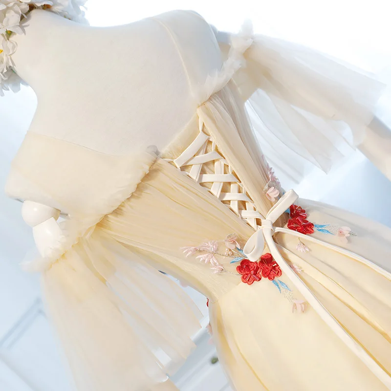 Новые Стиль! Vestido Madrinha A-Line Scoop с открытыми плечами красные цветы на шнуровке Иллюзия Свадебное Платье