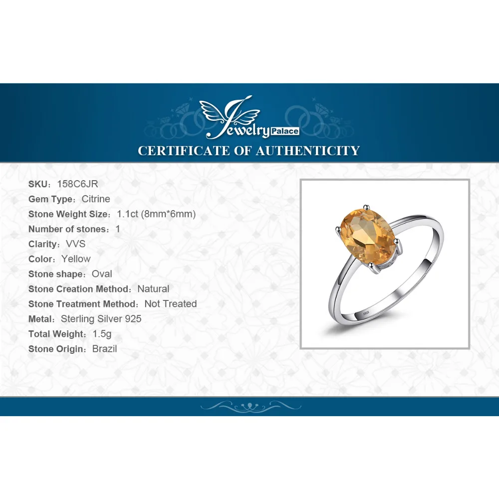 Jewelrypalace Овальный 1.1ct натуральный цитрин камень пасьянс кольцо стерлингового