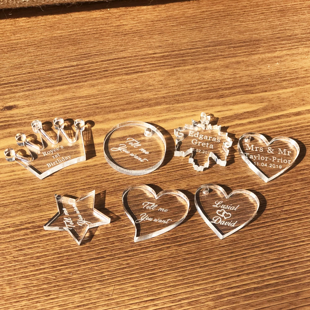 50 pcs Personalized Engraved  Circle Heart Crown Star Wedding Table Centerpieces Decoration Favors Candy Box Tags Baby Baptism2