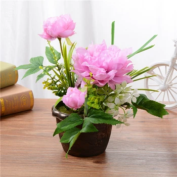 

1 Set Artificial Simulation Silk Peony Flowers + Green Plant Bonsai With Flower Potted Wedding Party Home Decoration