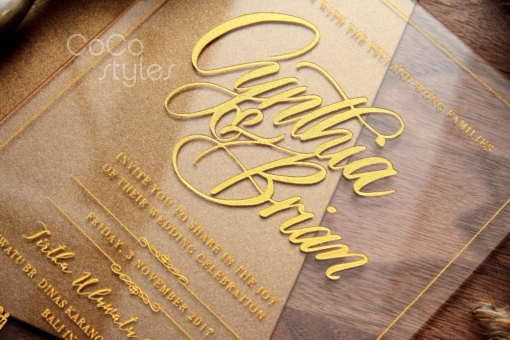 unique clear acrylic invitation card with gold shimmy engraving and matching envelope for luxury we - 32862519474