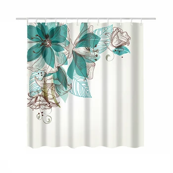 

180*180cm Green Leaves Printing Polyester Shower Curtain Bathroom Shower Curtain with Hooks Waterproof Bath Curtains