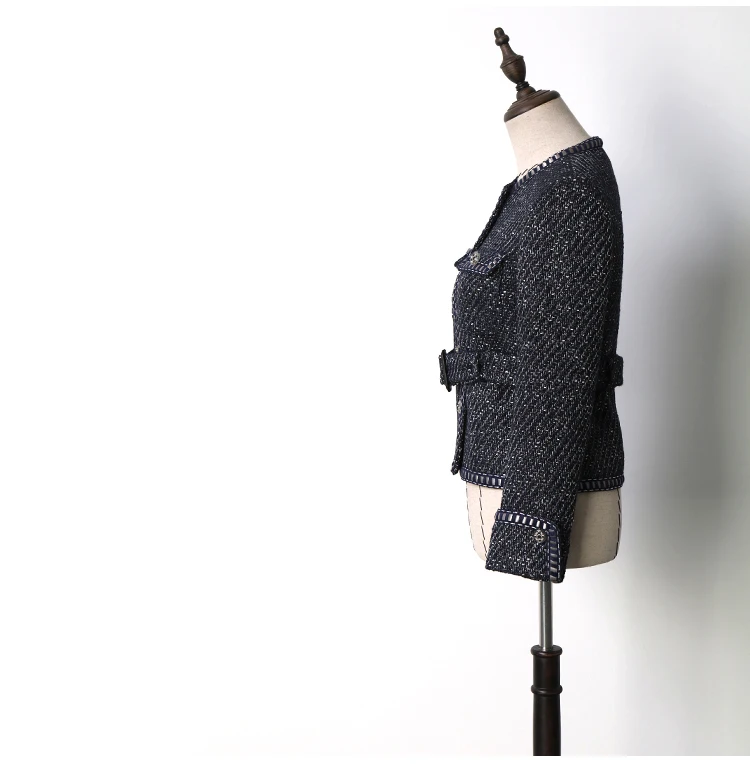 Офисная Леди Элегантный ремень однобортный твидовые пальто OL женщин o-образным вырезом с длинным рукавом переплетения костюм куртки