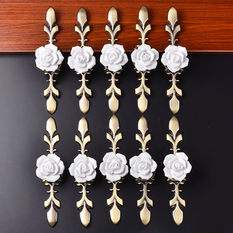 

10pcs/set Rose Flower White Ceramic Single Hole Door Handles Kitchen Cupboard Closet Drawer Furniture Pull Large Alloy Base Knob