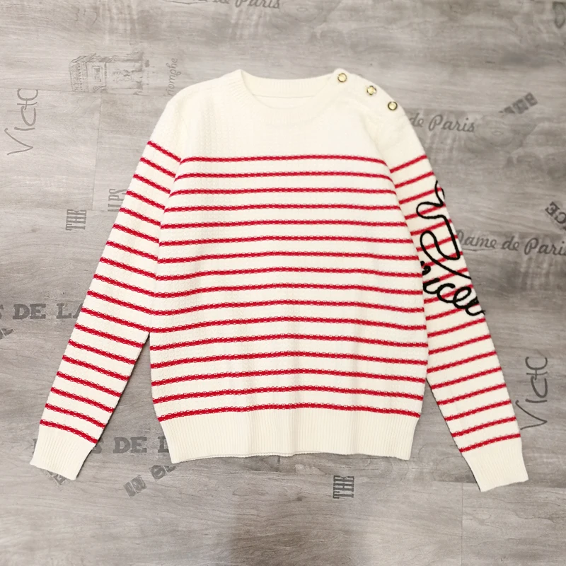 

Luxury Designer Brand Knitted Sweater for Women Shoulder Buttons Red Striped Loose Knitted Pullover Sweater