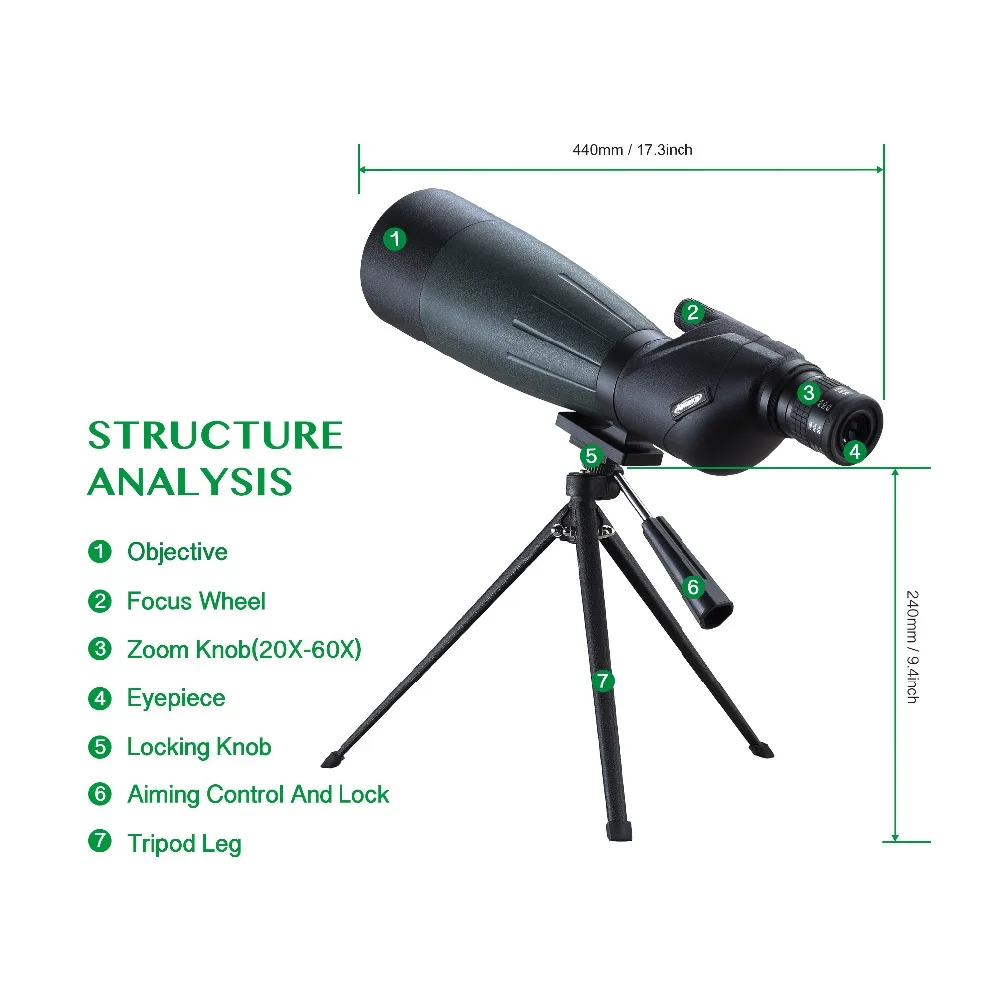 AOMEKIE 20-60X80 Зрительная труба зум охотничья оптика HD BAK4 птица монокулярный прибор наблюдения телескоп со Штативом Держатель смартфона