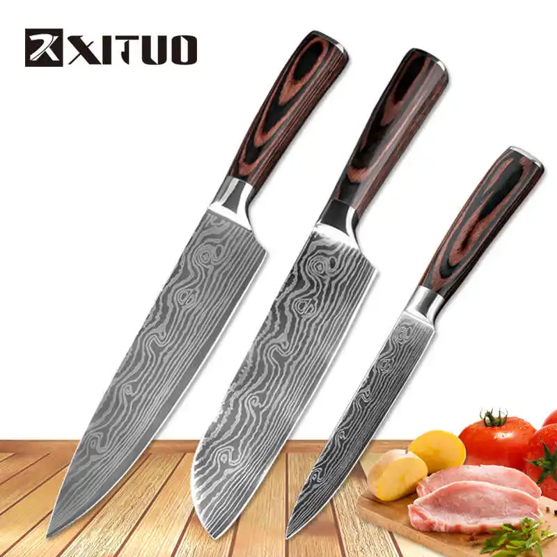 XITUO Новые Красивые вены кухонные ножи для очистки овощей утилита Santoku нарезки шеф-повара Дамасские вены цветной деревянной ручкой нож из нержавеющей стали - Цвет: 3PCS-1 set