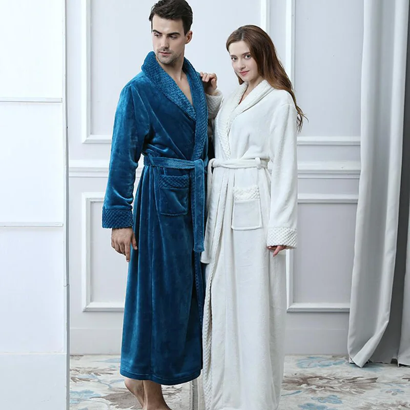 

Autumn and winter flannel robe solid color long thick belt pocket bathroom bathrobe men and women couple pajamas free shipping