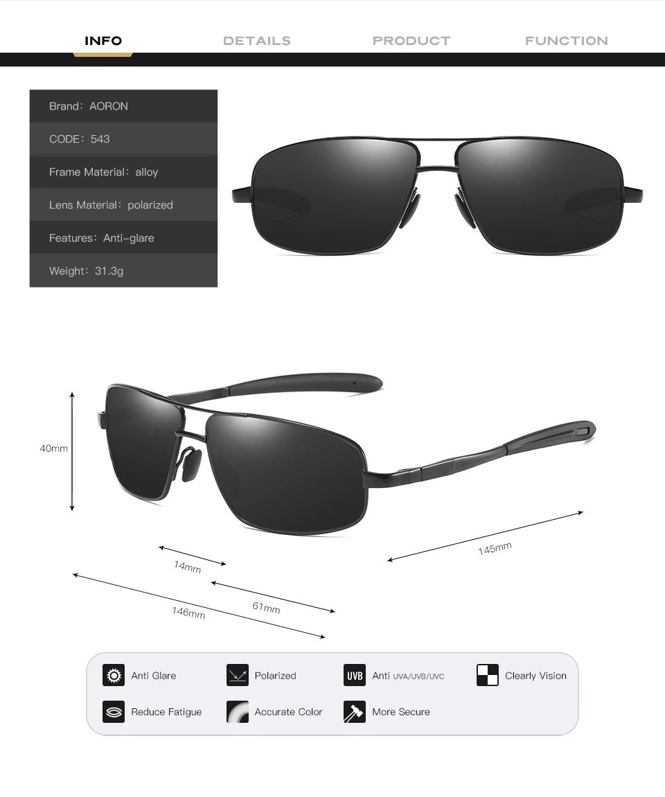 AORON Для мужчин поляризованных солнцезащитных очков сплавные очки мужской UV400 очки HD очки мужские с антибликовым покрытием вождения очки