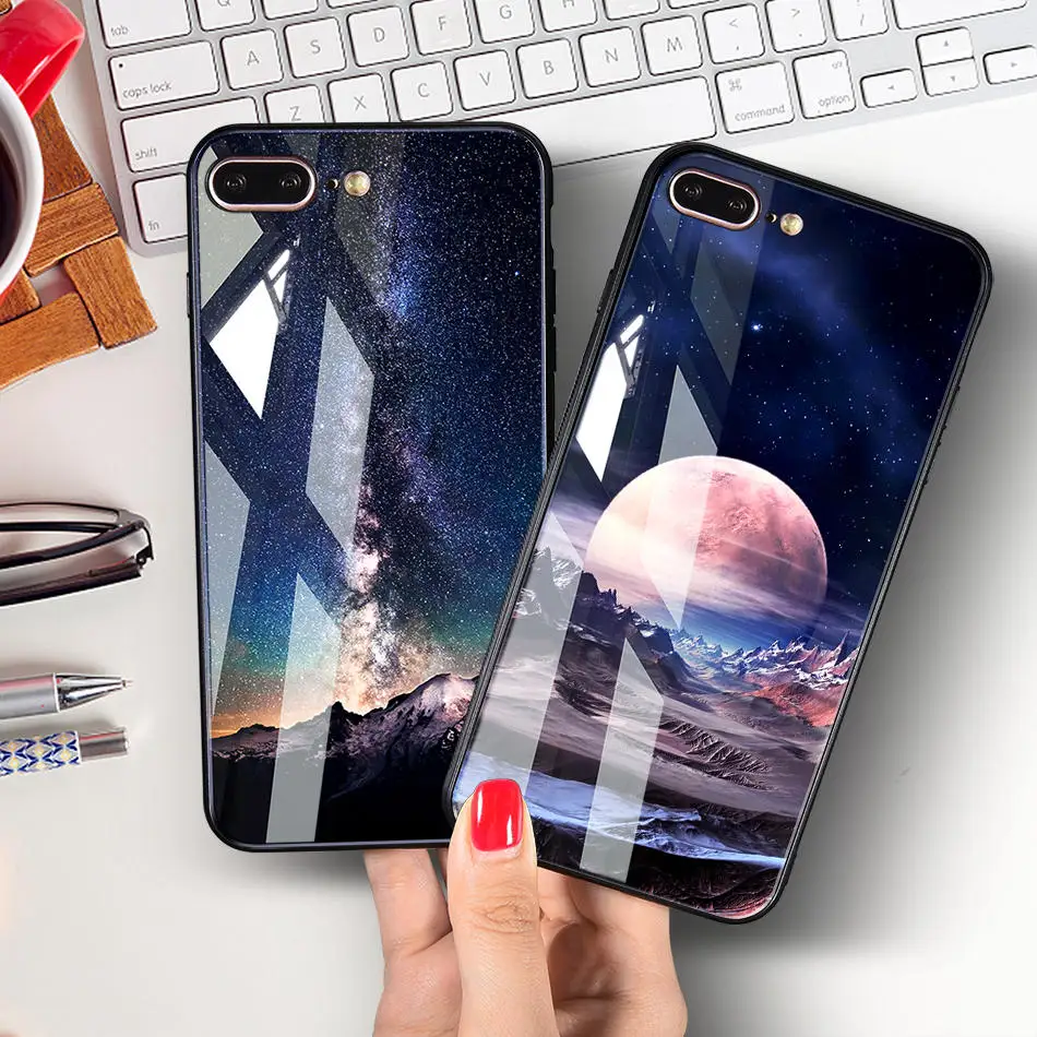 TOMKAS Space Star Case For iPhone X Case Tempered Glass Patterned For iPhone 7 6 Plus 6s 8 Cases Glossy TPU Soft Edge Cover