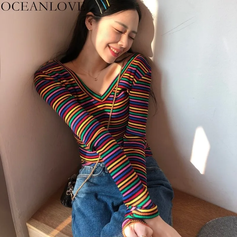 

OCEANLOVE Rainbow Striped T Shirt Stretch Knitting Slim Women Tops 2019 Spring Autumn V-neck All Match T-shirt Sweet Tee 11825