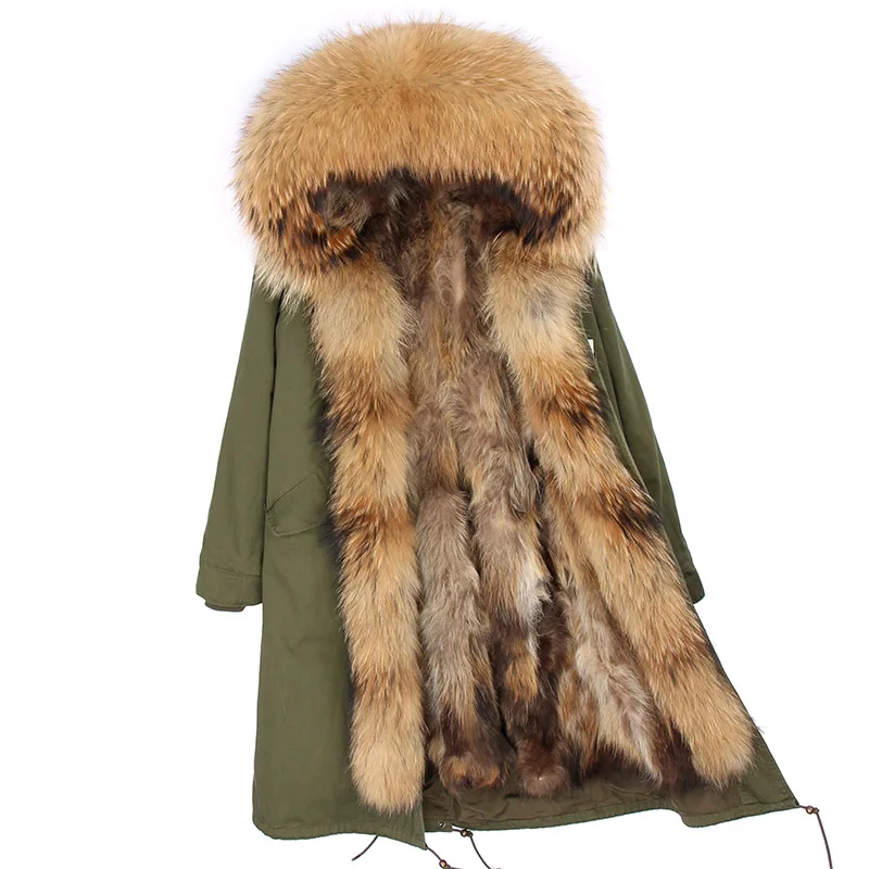 Пальто с натуральным мехом, зимняя куртка, Женская длинная парка, большой воротник из натурального меха енота, капюшон, подкладка из лисьего меха, пальто, теплая корейская мода