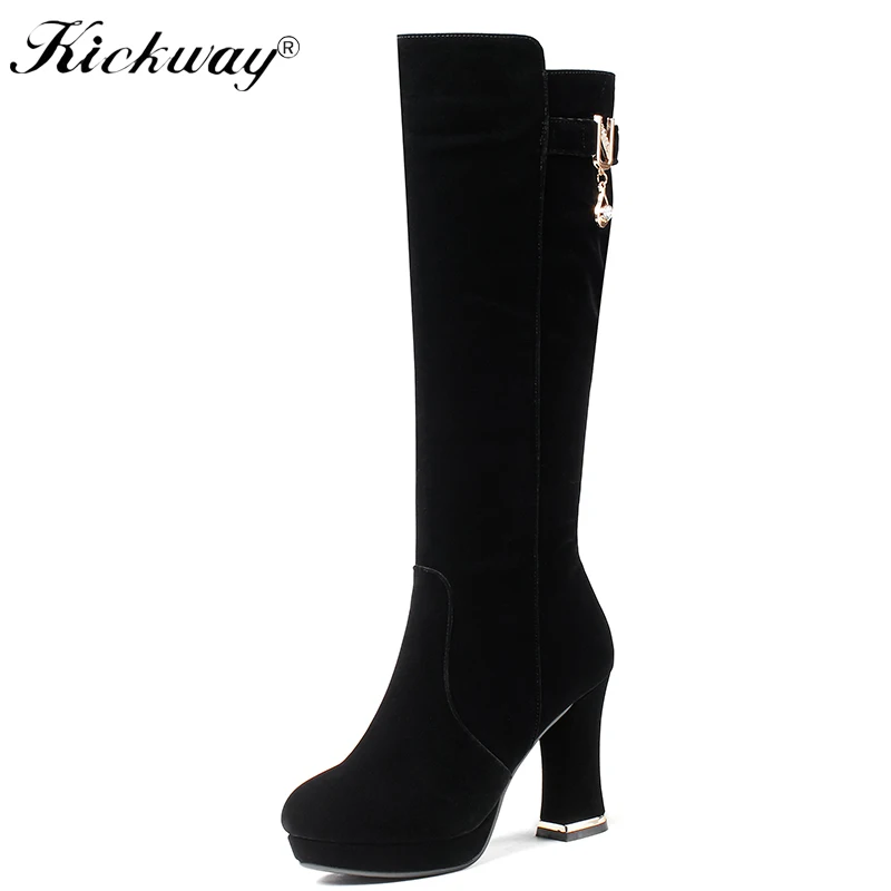 

Kickway 2018 Ladies Autumn/Spring Shoes Square High Heel Women Knee High Boots Flock Black Woman Motorcycle Boots Size 34-40
