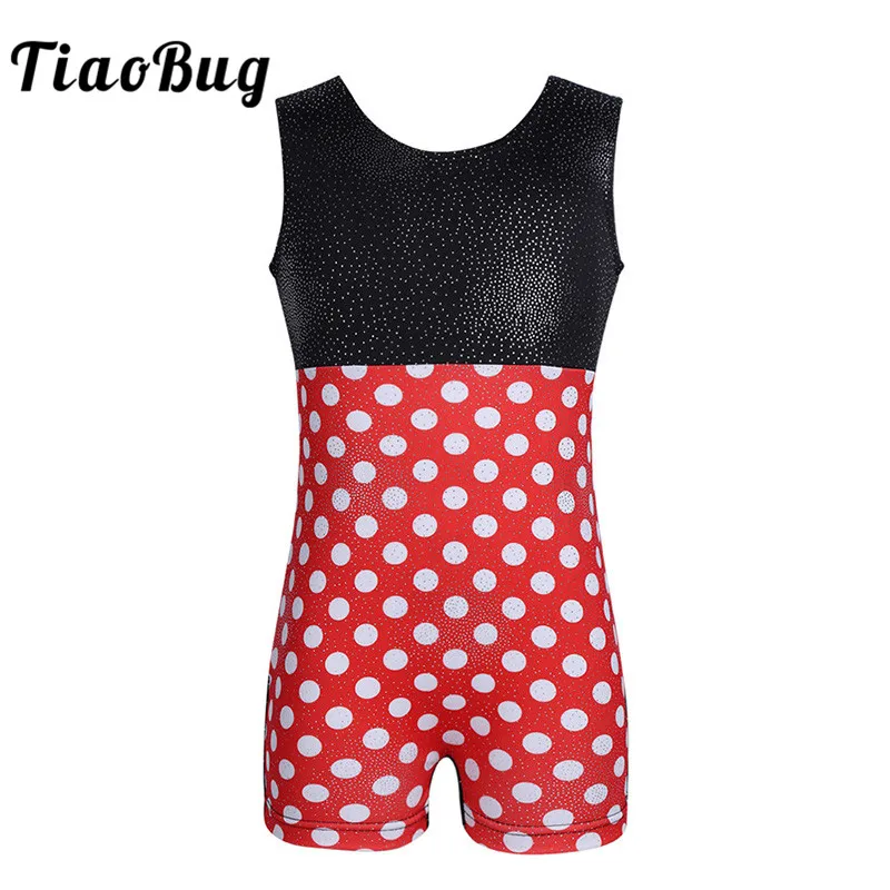 

TiaoBug Kids Girls One-piece Gymnastics Leotard Jumpsuit Shiny Splice Polka Dots Ballet Leotards Child Stage Fancy Dance Costume