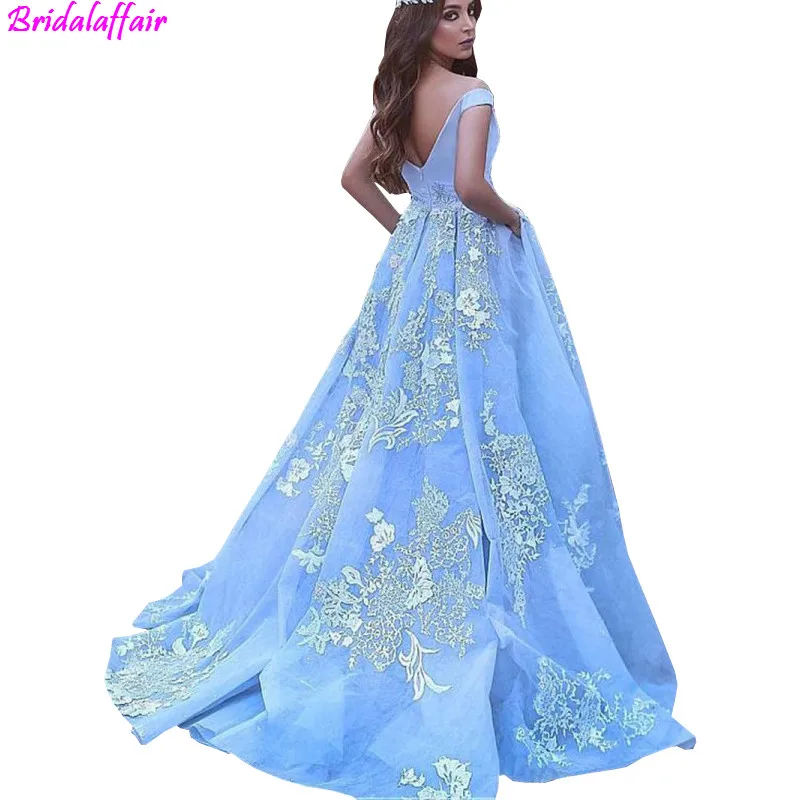 Sky Blue V Neck Prom Dress 2019 Off The Shoulder Puffy White Lace Appliques evening dresses long Long A Line Party Dresses
