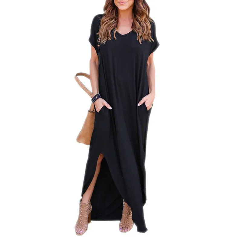 

Long Dresses Women Solid Colors Summer Pretty Vestidos Female Elegant Dress Short Sleeve Party Robe