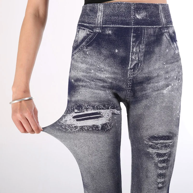 S-3XL 2019 Imitation Cowboy Printed Leggings Women High Waist Slim Elastic Pencil Pants Plus Size Sexy Jeans Leggings Red Gray
