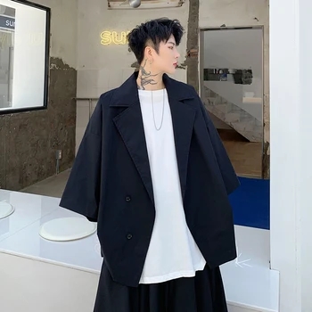 

S-XL!!Summer fashion dark suit collar slung design men's loose bat sleeve jacket five-point sleeve thin coat tide.