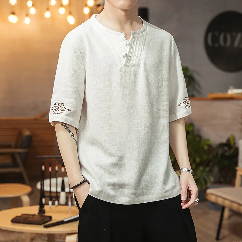 

2019 summer new Chinese style cotton linen buckle men's casual short-sleeved T-shirt linen large size embroidery Hanfu male