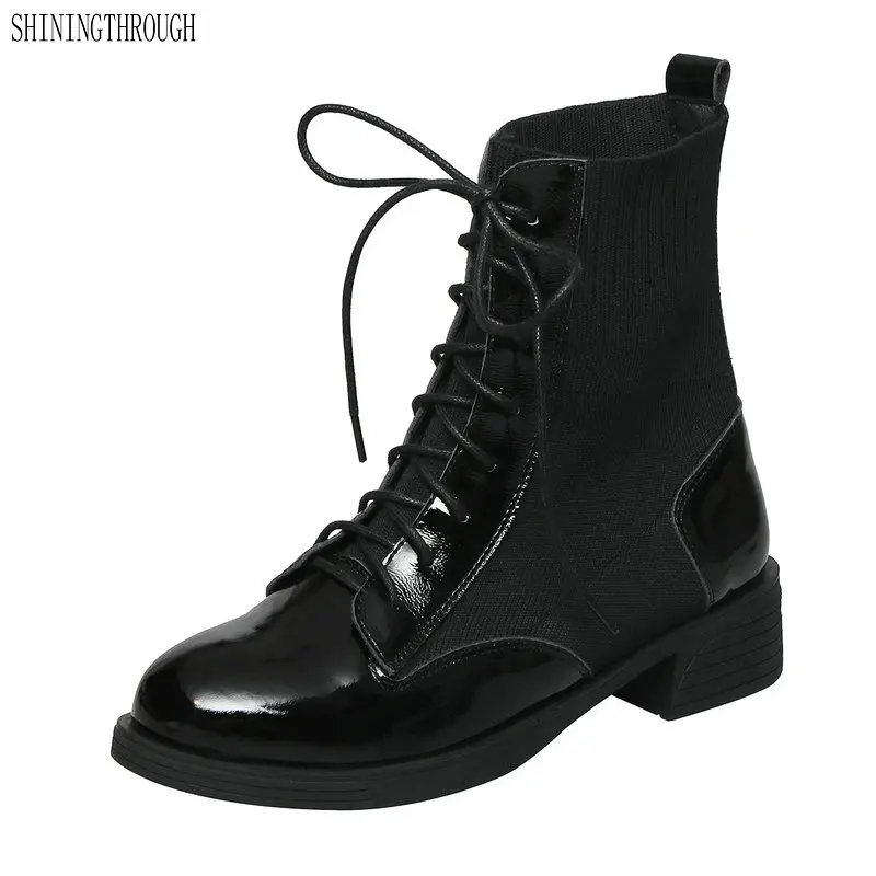 

Punk Boots Women Genuine Leather Ankle Boots Square Heel Round Toe Lace Up Metal Fashion Black Botas Ladies Shoe big size 34-43