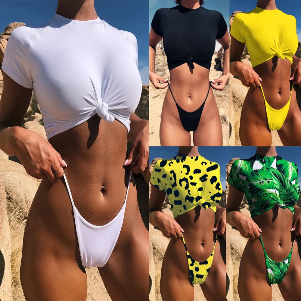 

Short Sleeve Buckle Swimsuit Women 2019 New Snake Leopard 2 Pcs Swimwear Summer Beach Thong Bikini High Neck Solid Beachwear