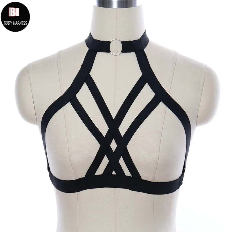 

Rave Burlesque Elastic Black Bondage Harness Pole Dance Fetish Body Harness Punk Sexy Lingerie Goth Top Cage Bra