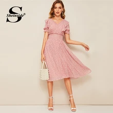 Sheinside Boho платье с v-образным вырезом и цветочным принтом для женщин, лето, рукав-волан, высокая талия, трапециевидные платья, женское платье миди в стиле бохо