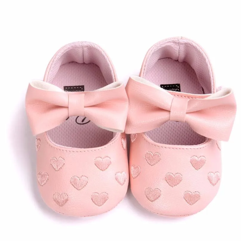 

Baby Girl Shoes Heart Pattern Embossed Princess Bowknot Hook Loop Anti-slip Soft Sole Shoes first walker shoes
