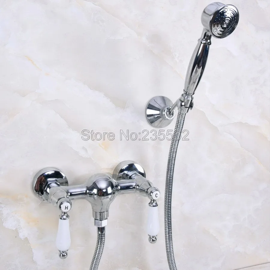 

Chrome Wall Mounted Bath Shower Faucet Mixer Tap W/Hand Shower Set l lna283