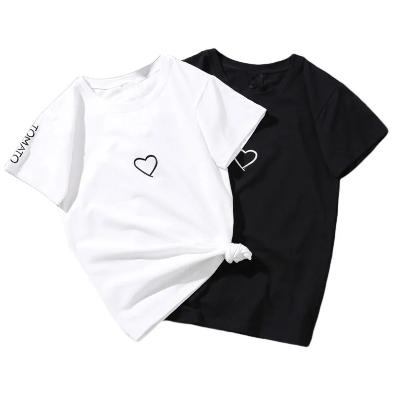 

2018 New Summer Ladies Top Women Summer Tees Lovers Heart Embroidery Short Sleeve Harajuku Female T shirt Women's Clothing 2XL
