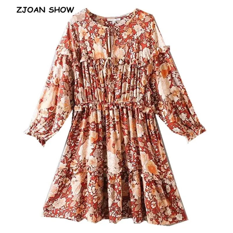 

2019 New Women Bohemian Tide bow V neck Floral Print Dress Ethnic Spliced Wood ear Ruffle Lantern Long Sleeve Short BOHO Dresses