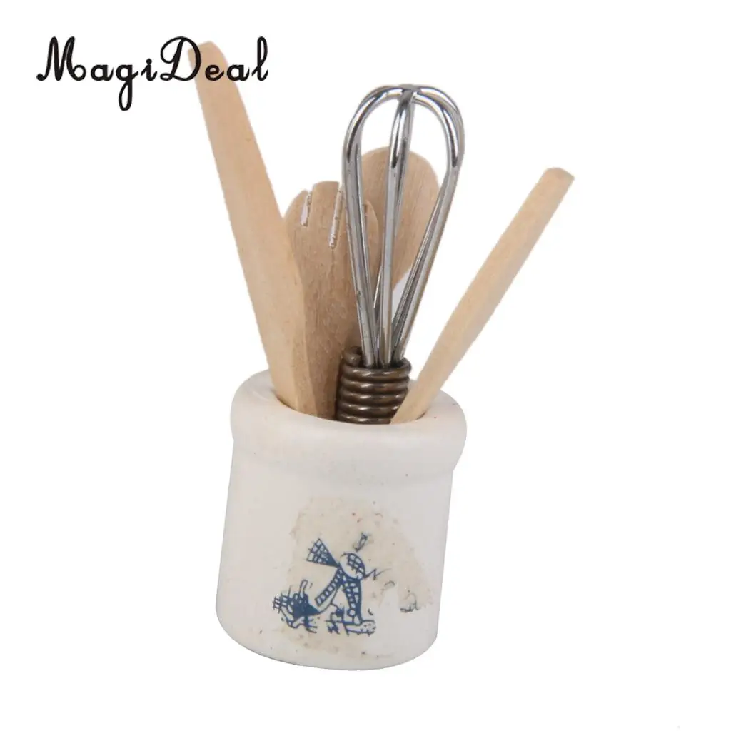 MagiDeal 1/12 Dollhouse Miniature Wooden Kitchenware Set Eggbeater Spoon for School Children Kitchen Pretend Play Tableware Toy