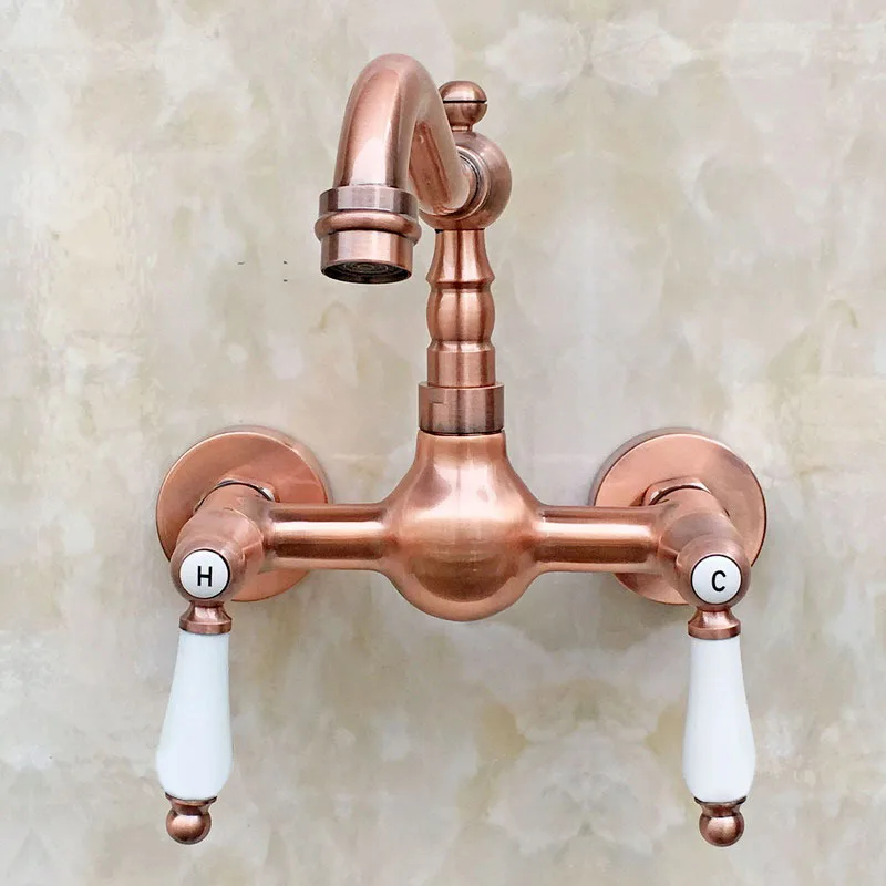 Retro Red Copper Antique Brass Wall Mount Kitchen Wet Bar Bathroom Tub Vessel Sink Faucet Water Tap Dual Ceramic handle arg035