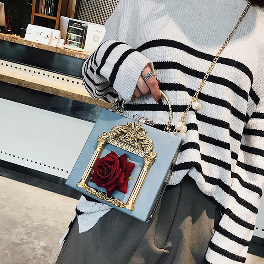 

Leather Box Vintage Baroque Flower Embossed Style Handbag Women Pearl Chain Messenger Pu Shoulder Bag Mini Lady Crossbody Bag