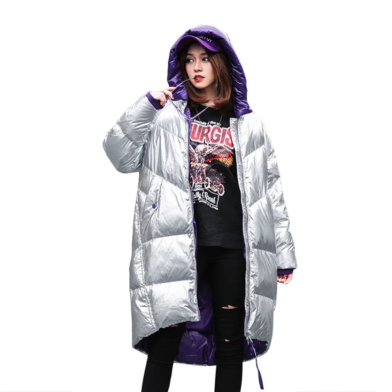

2019 Ladies Long Parka Warm Outwear Glossy Silver Winter Jacket Women Fashion Hit Color Hooded Design Down Padded Coats
